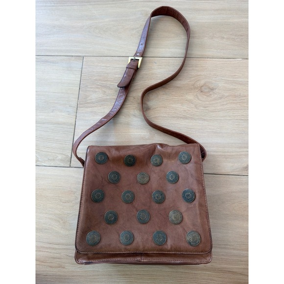 M.C. Handbags - MC Marc Chantal Brown Leather Studded Coin Medallion Crossbody Bag Vintage